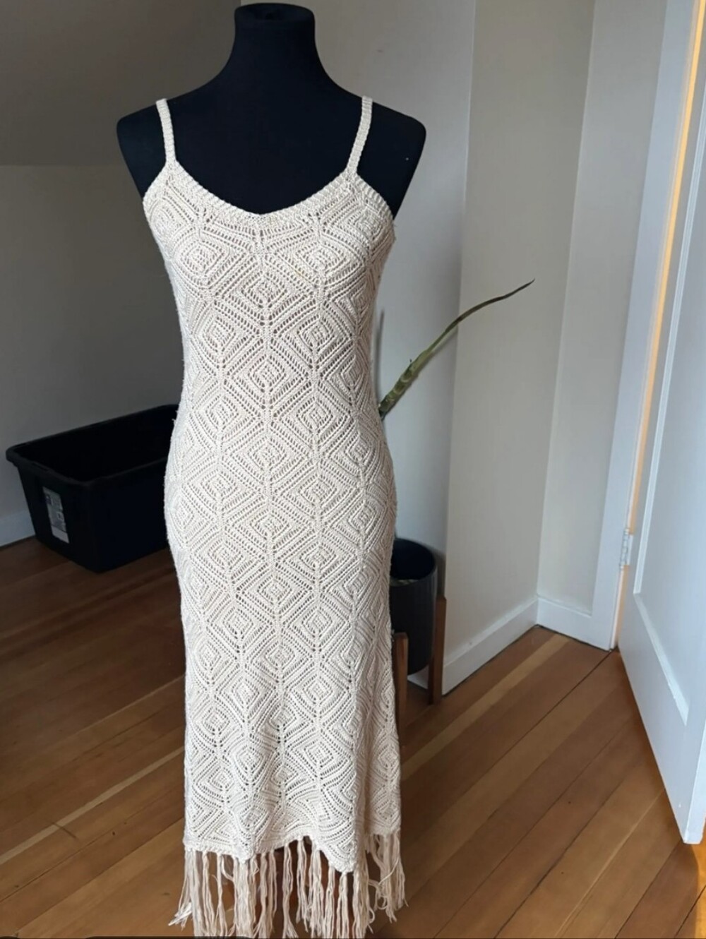 Cream Crochet Maxi Dress with Fringe